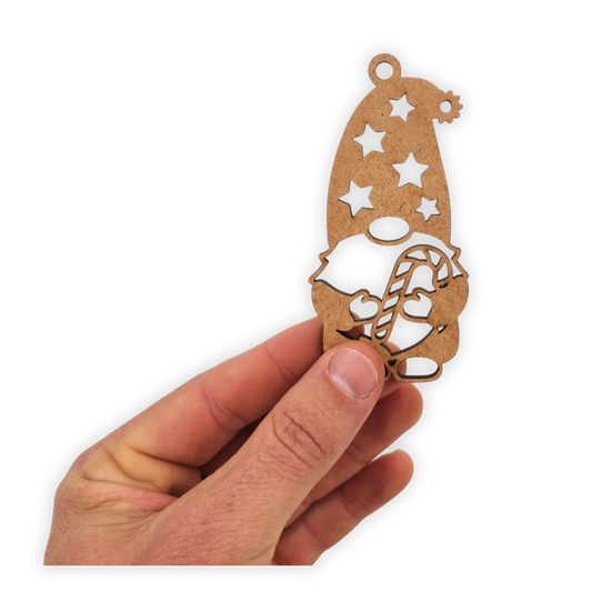 Christmas gnome wood decoration with a candy cane