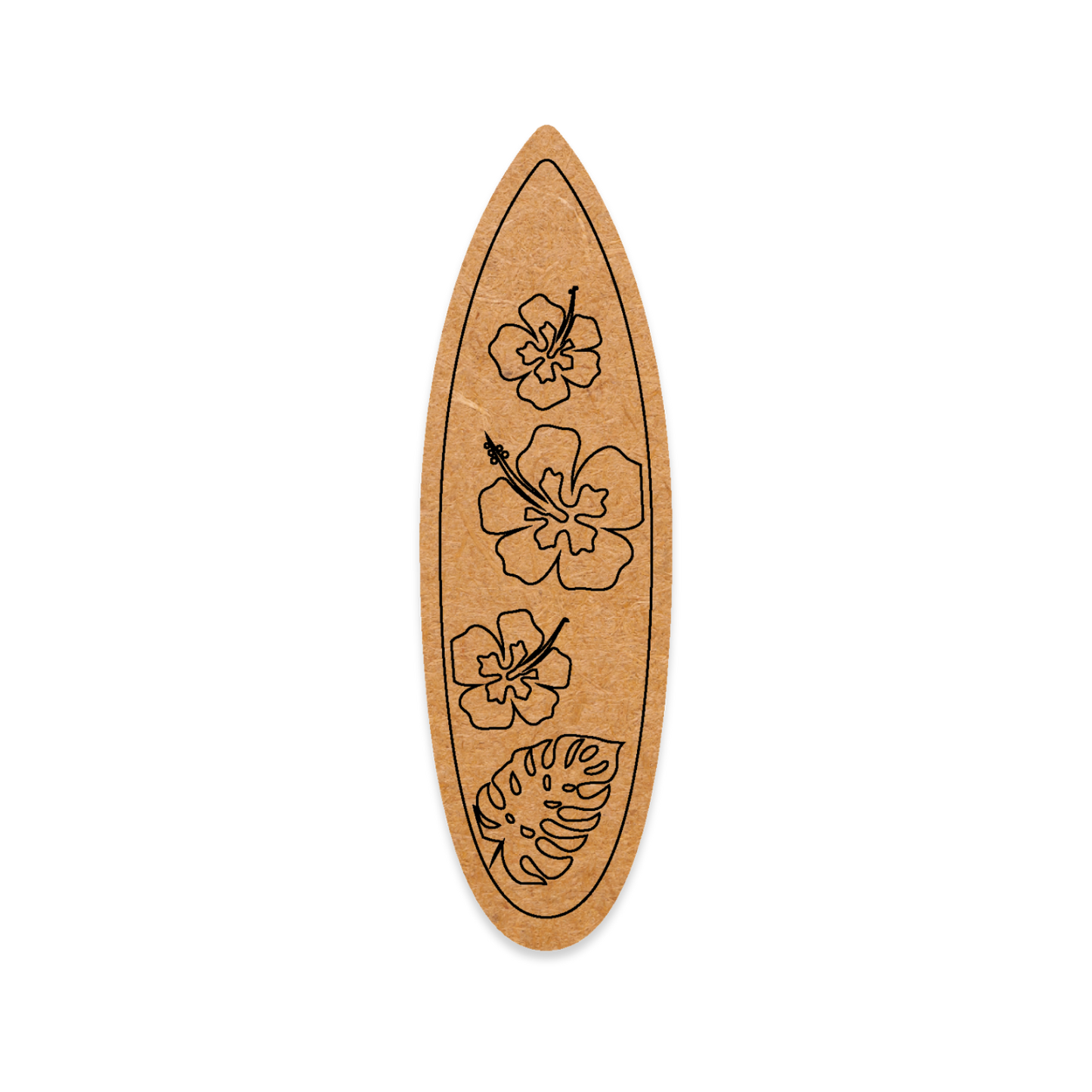 Wooden surfboard with floral designs on a white background