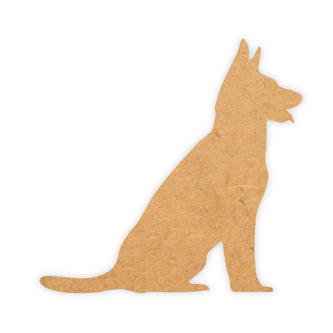 Wooden cutout of an Alsatian sitting and waiting for food