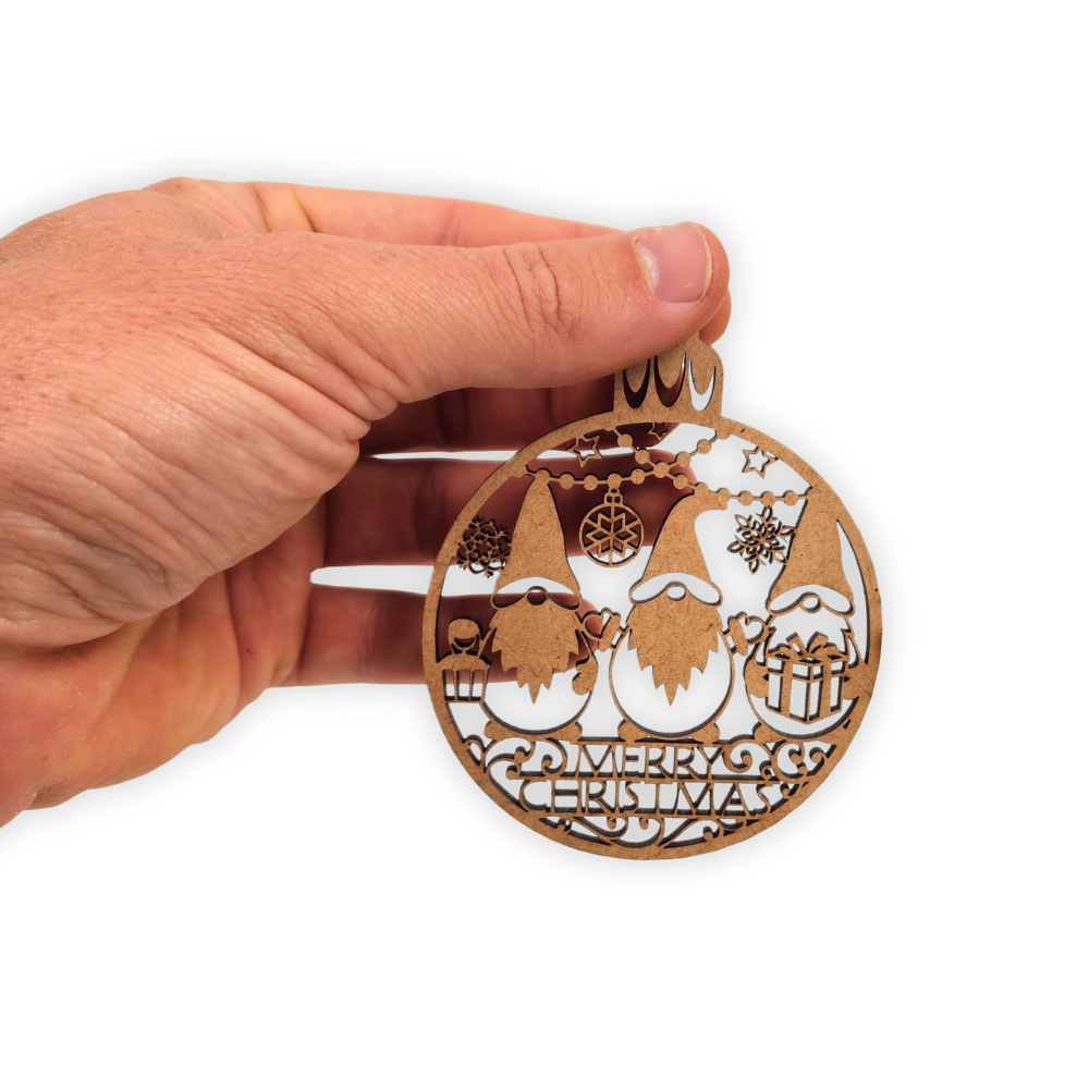 Three Christmas Gnomes Bauble wooden laser machine cutout