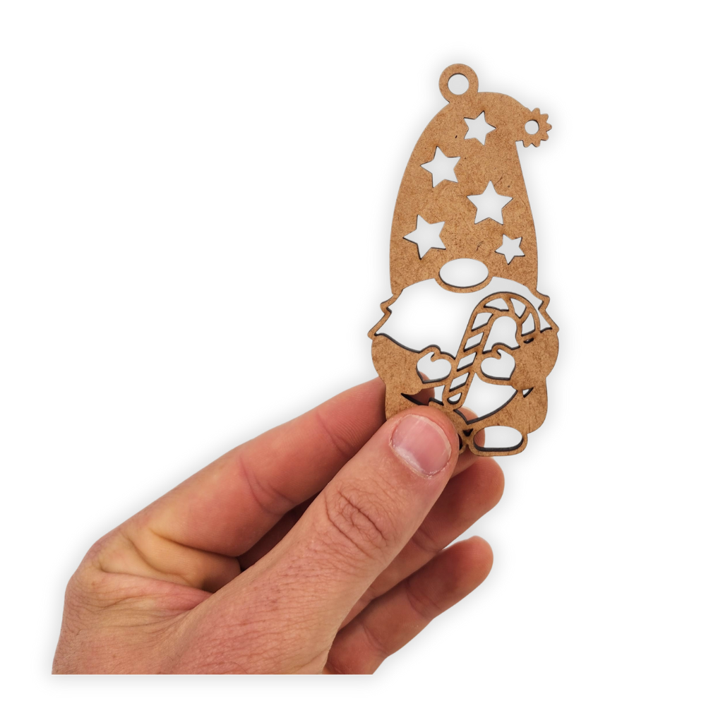 Christmas gnome wood decoration with a candy cane