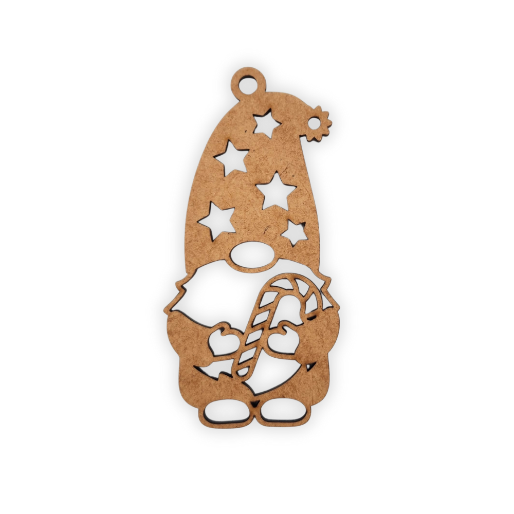 Christmas gnome wood decoration with a candy cane