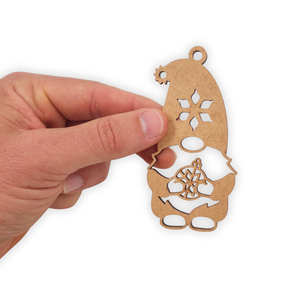 Christmas gnome holding a bauble wooden decoration