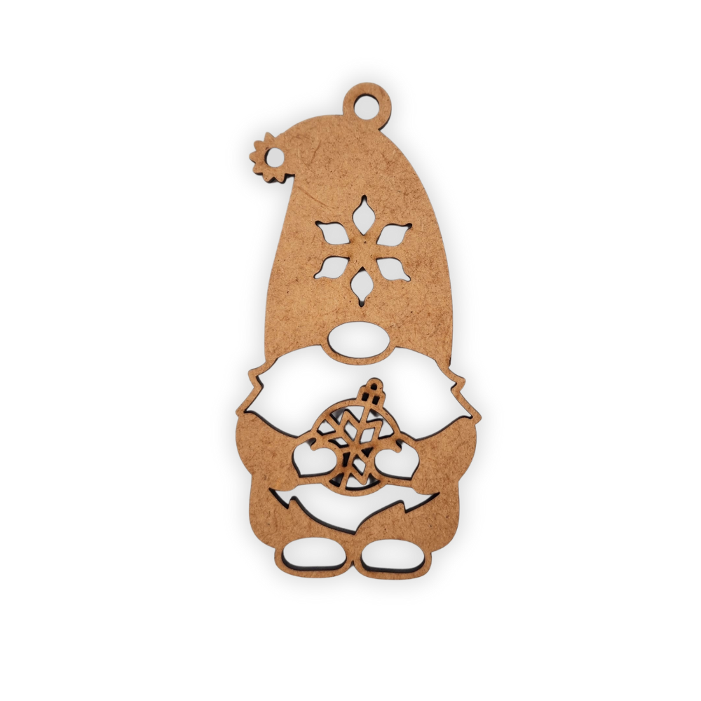 Christmas gnome holding a bauble wooden decoration