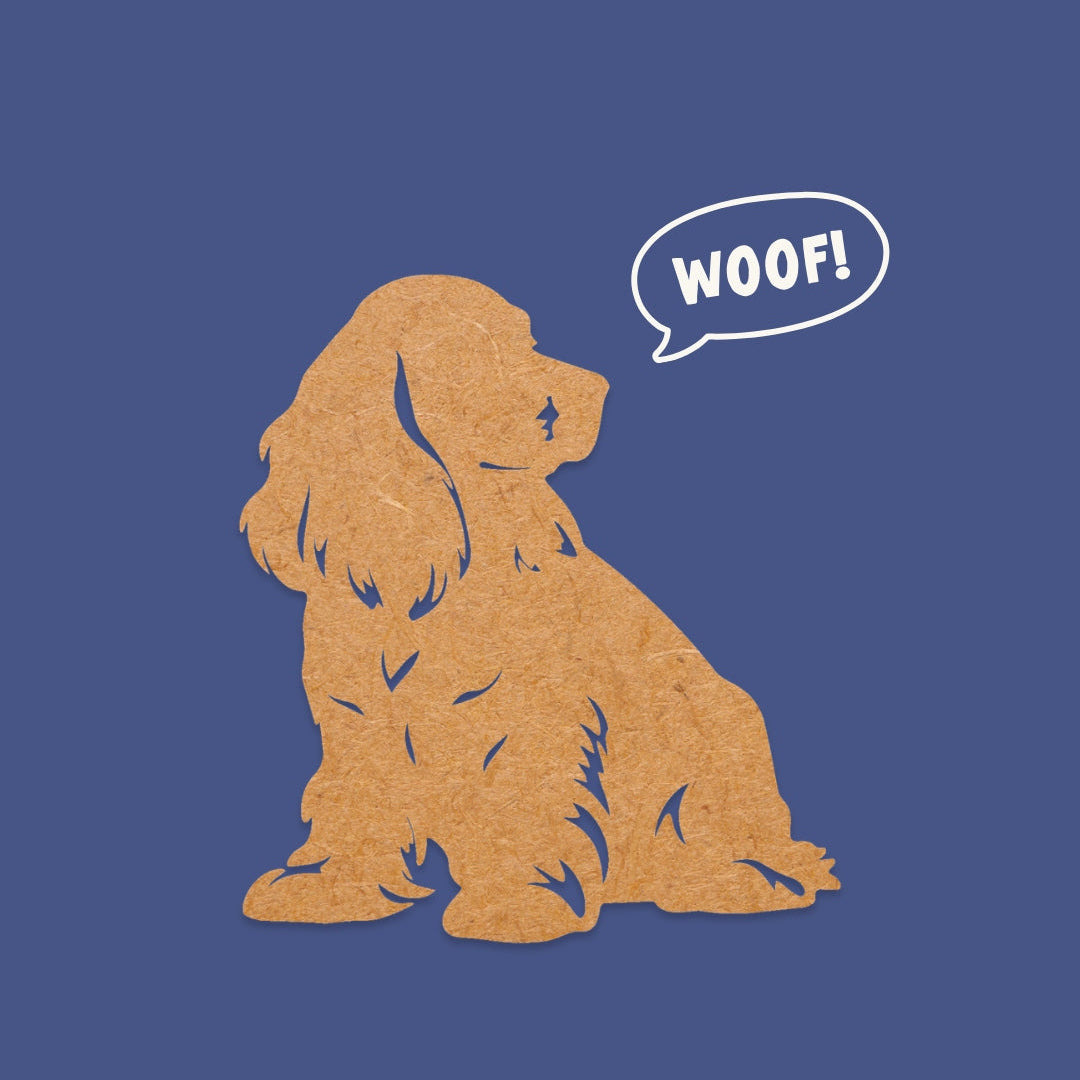Cocker Spaniel cutout blank with a 'WOOF!' speech bubble on a blue background