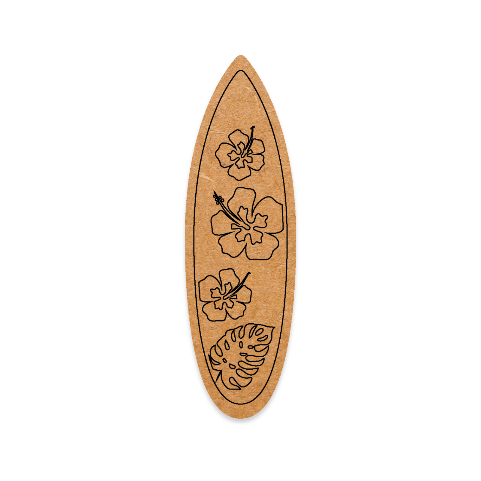Wooden surfboard with floral designs on a white background