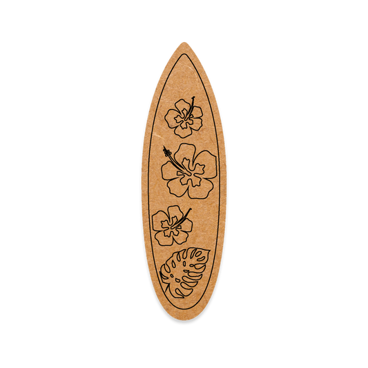 Wooden surfboard with floral designs on a white background