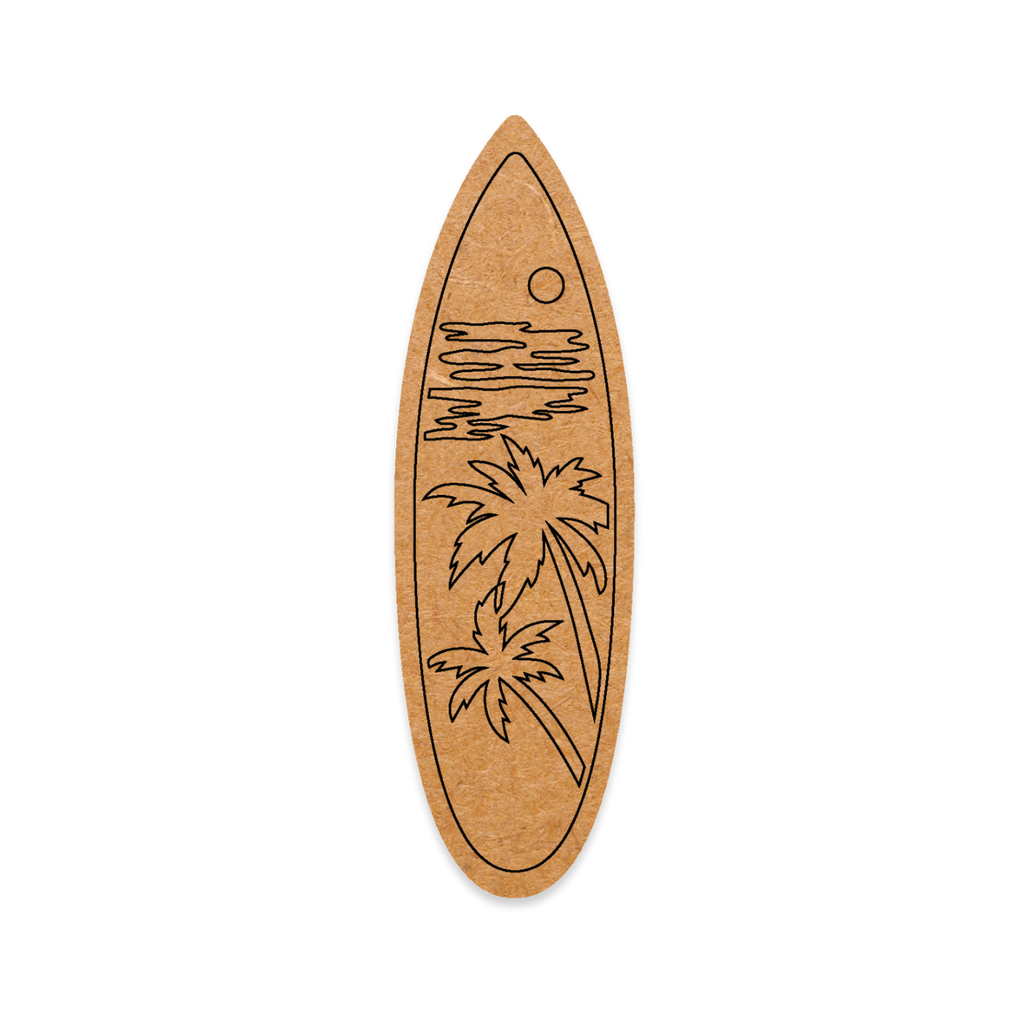 Wooden surfboard-shaped decorative item with palm tree and wave design on a white background