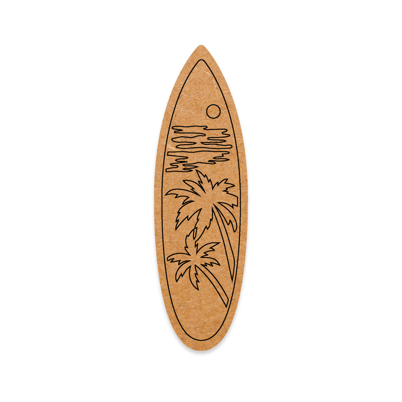 Wooden surfboard-shaped decorative item with palm tree and wave design on a white background