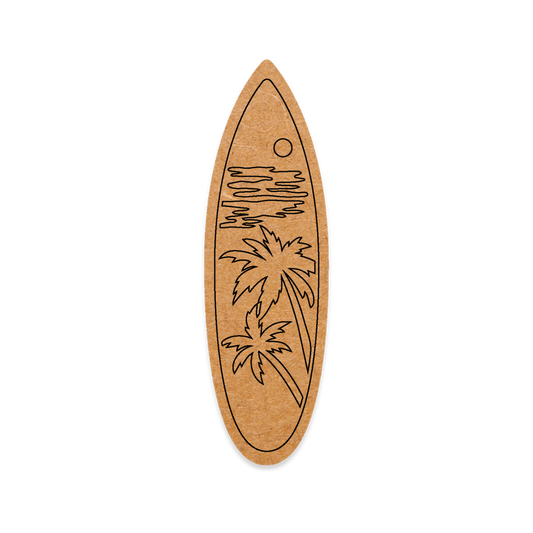 Wooden surfboard-shaped decorative item with palm tree and wave design on a white background