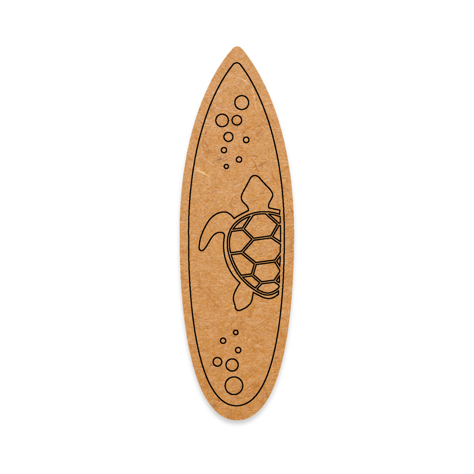 Wooden surfboard-blank with a turtle design on a white background