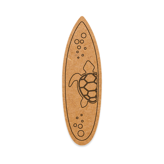 Wooden surfboard-blank with a turtle design on a white background
