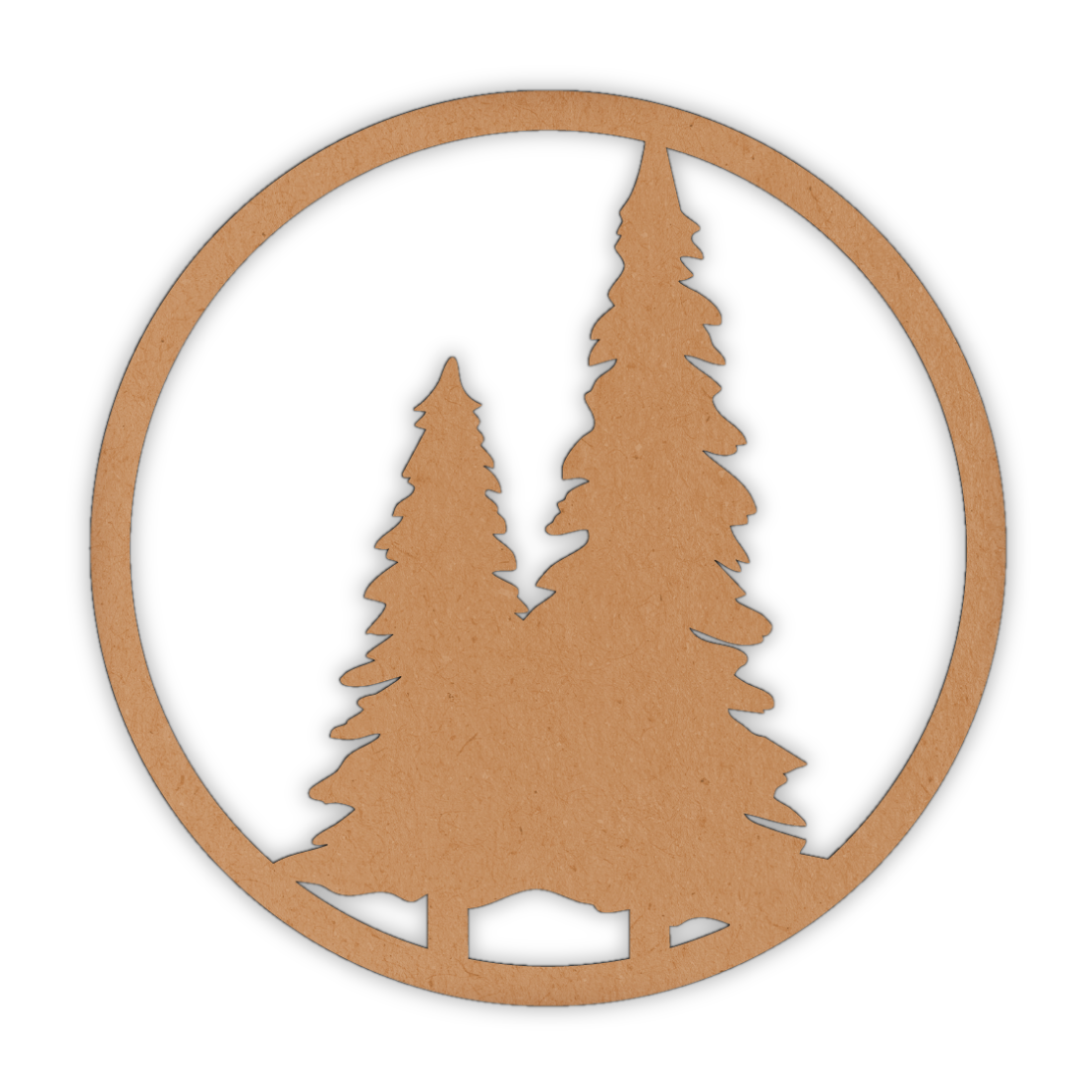 Wooden cutout of two fir trees in a circle