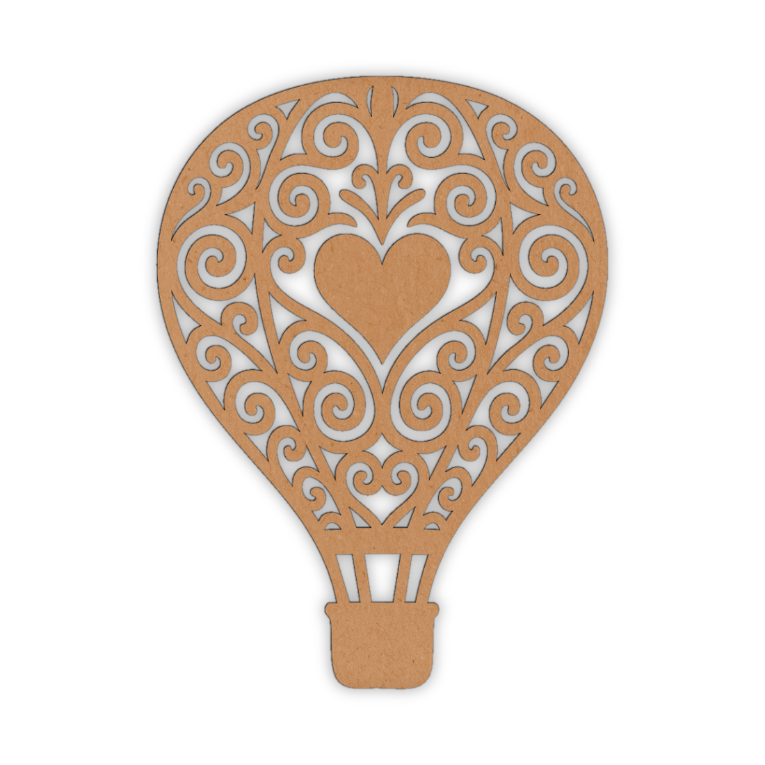Wooden laser cutout of a hot air balloon with patterns in it