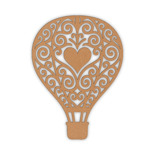 Wooden laser cutout of a hot air balloon with patterns in it