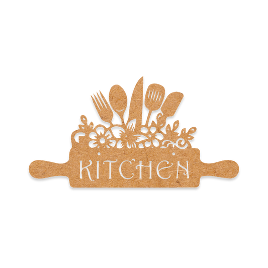 Wooden sign with kitchen utensils and flowers design cur from MDF